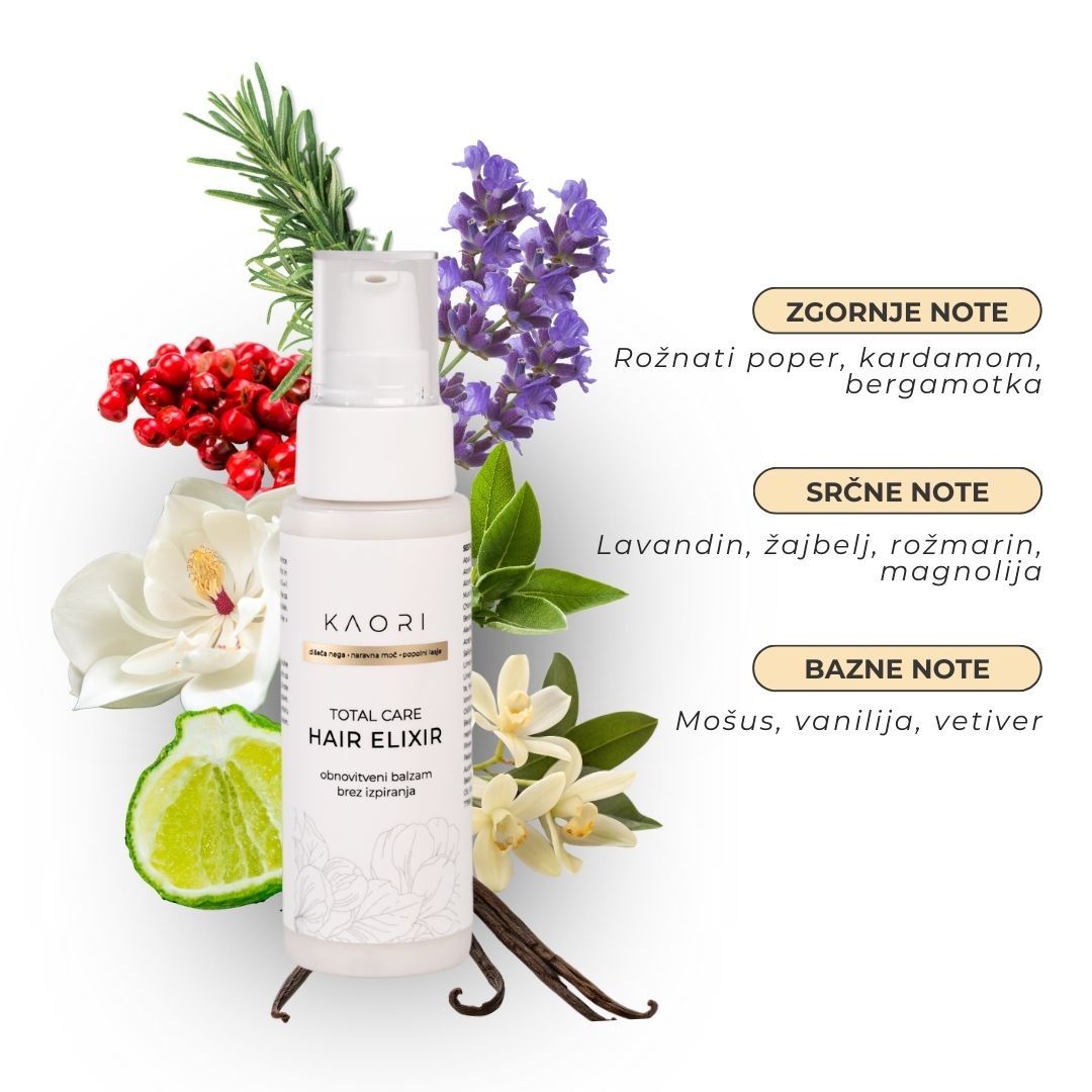KAORI Total Care Hair Elixir – obnovitveni balzam brez izpiranja z notami: bergamotka, rožmarin, vanilija, mošus